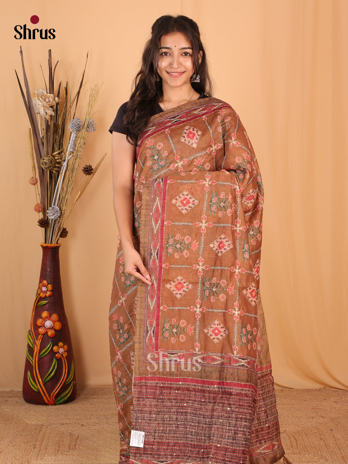 Brown- Semi Kantha Saree - Shop on Shrus.com