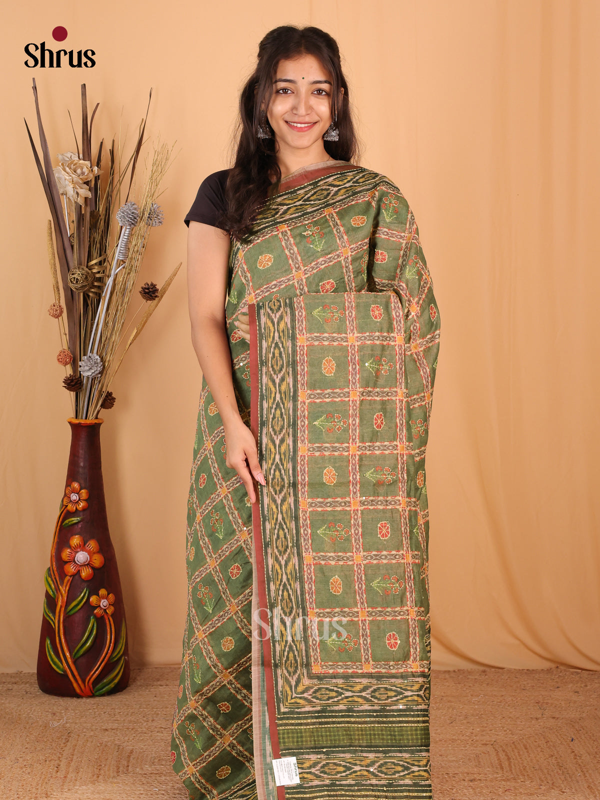 Green & Brown - Semi Kantha Saree - Shop on Shrus.com