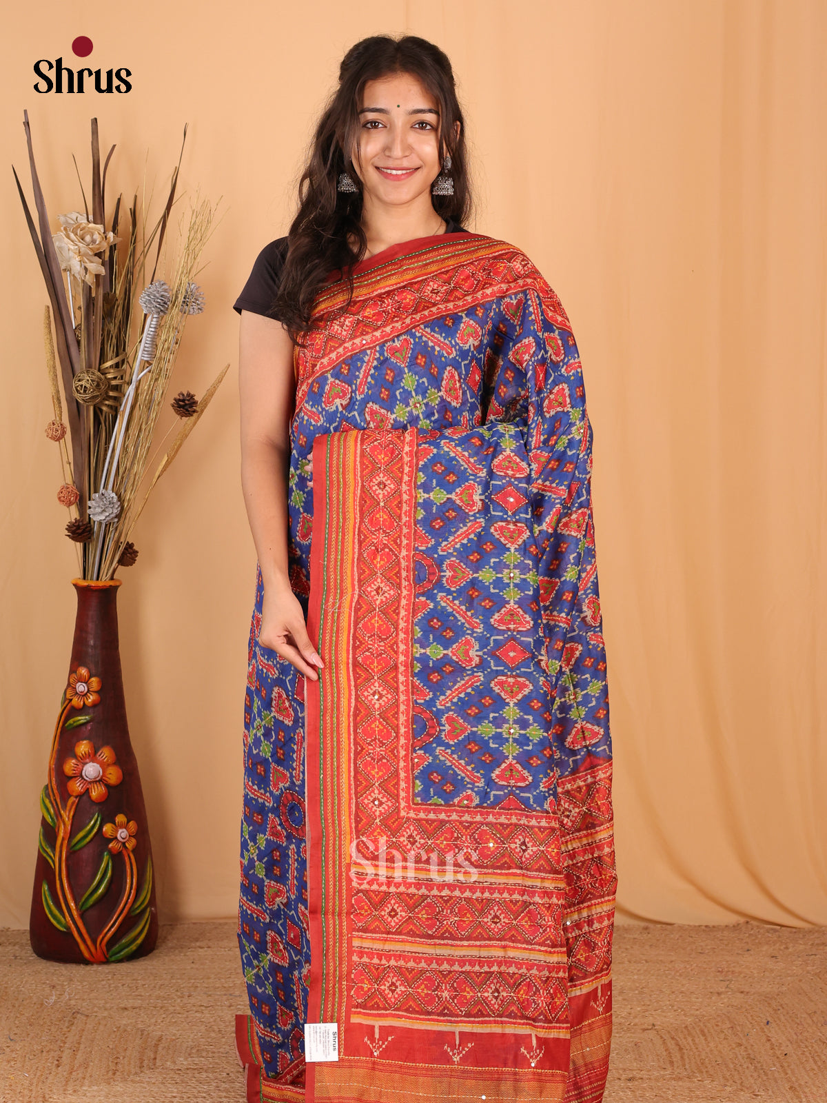 Blue & Red - Semi Kantha Saree - Shop on Shrus.com