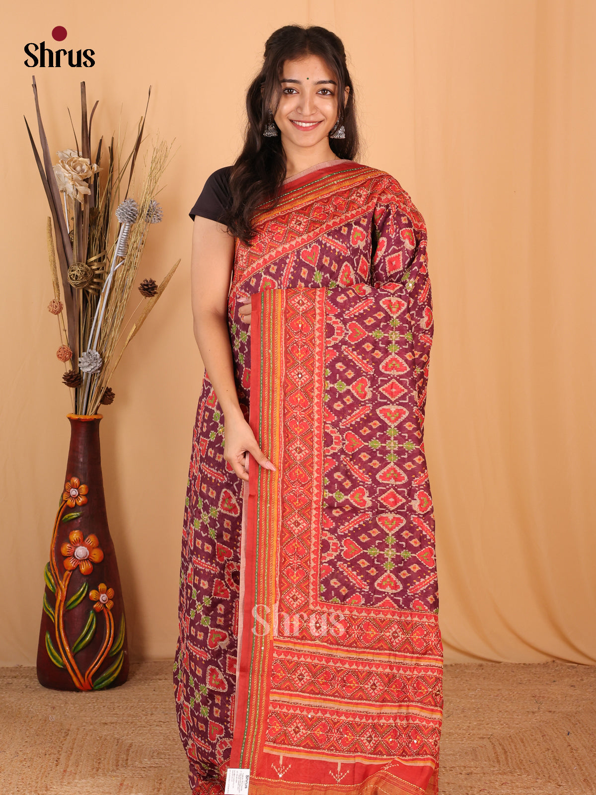 Purple & Red - Semi Kantha Saree - Shop on Shrus.com