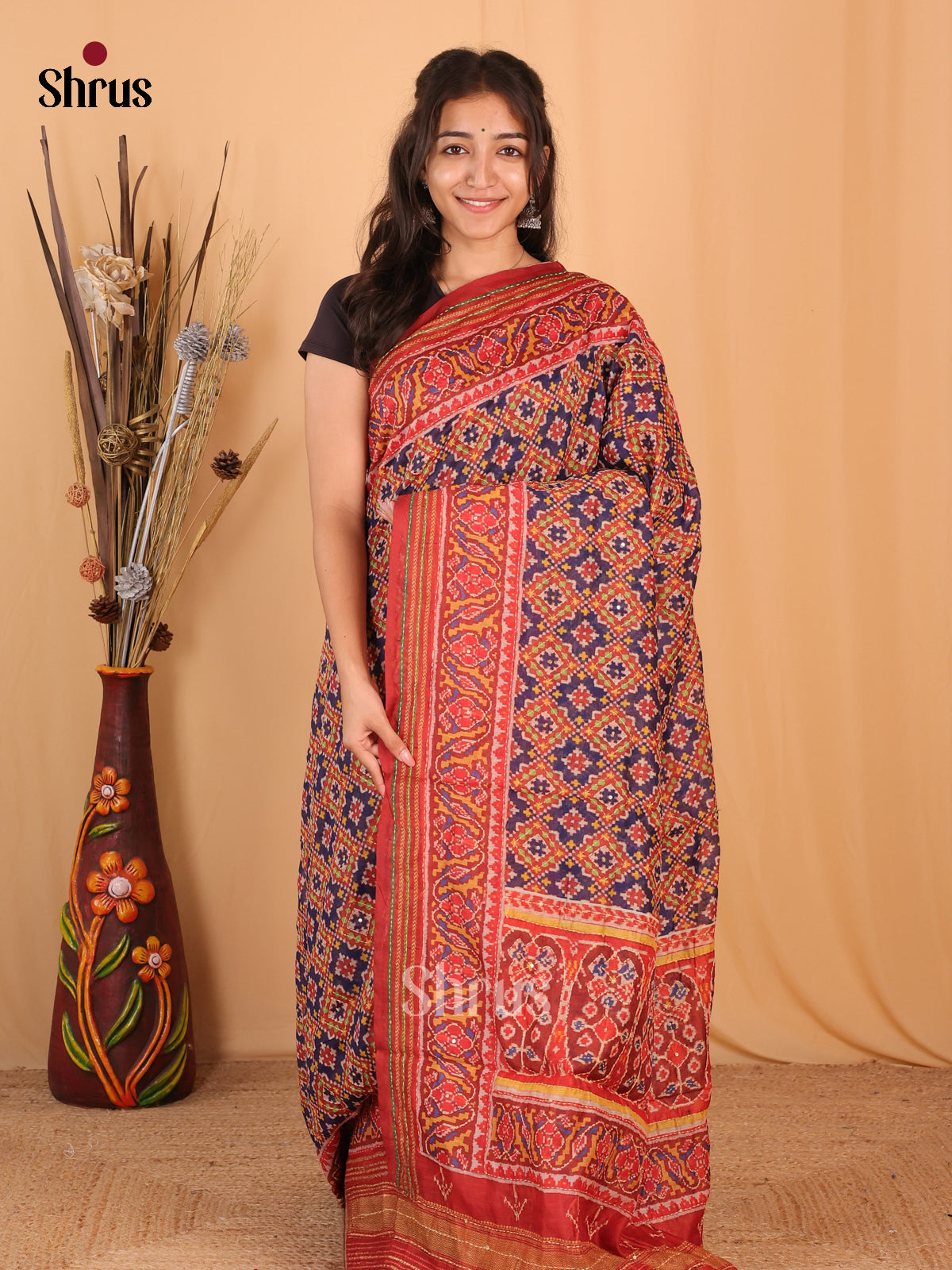 Blue & Red - Semi Kantha Saree - Shop on Shrus.com