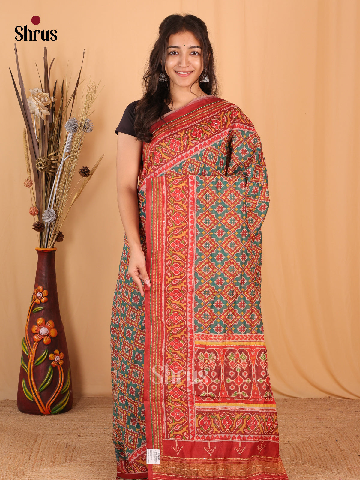 Green & Red- Semi Kantha Saree - Shop on Shrus.com