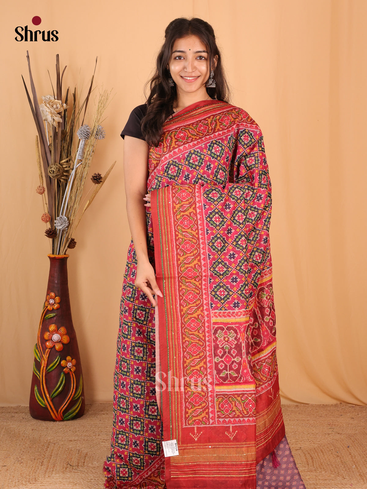 Pink & Red - Semi Kantha Saree - Shop on Shrus.com