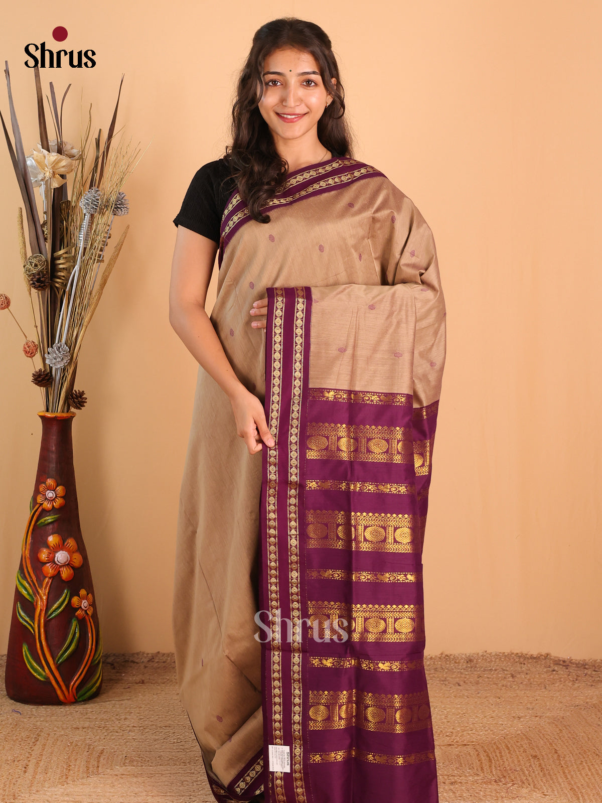 Breezy Biscuit Kalyani Cotton Saree With Purple Golden Zari Woven Rettapet Border & Pallu - Shop on Shrus.com