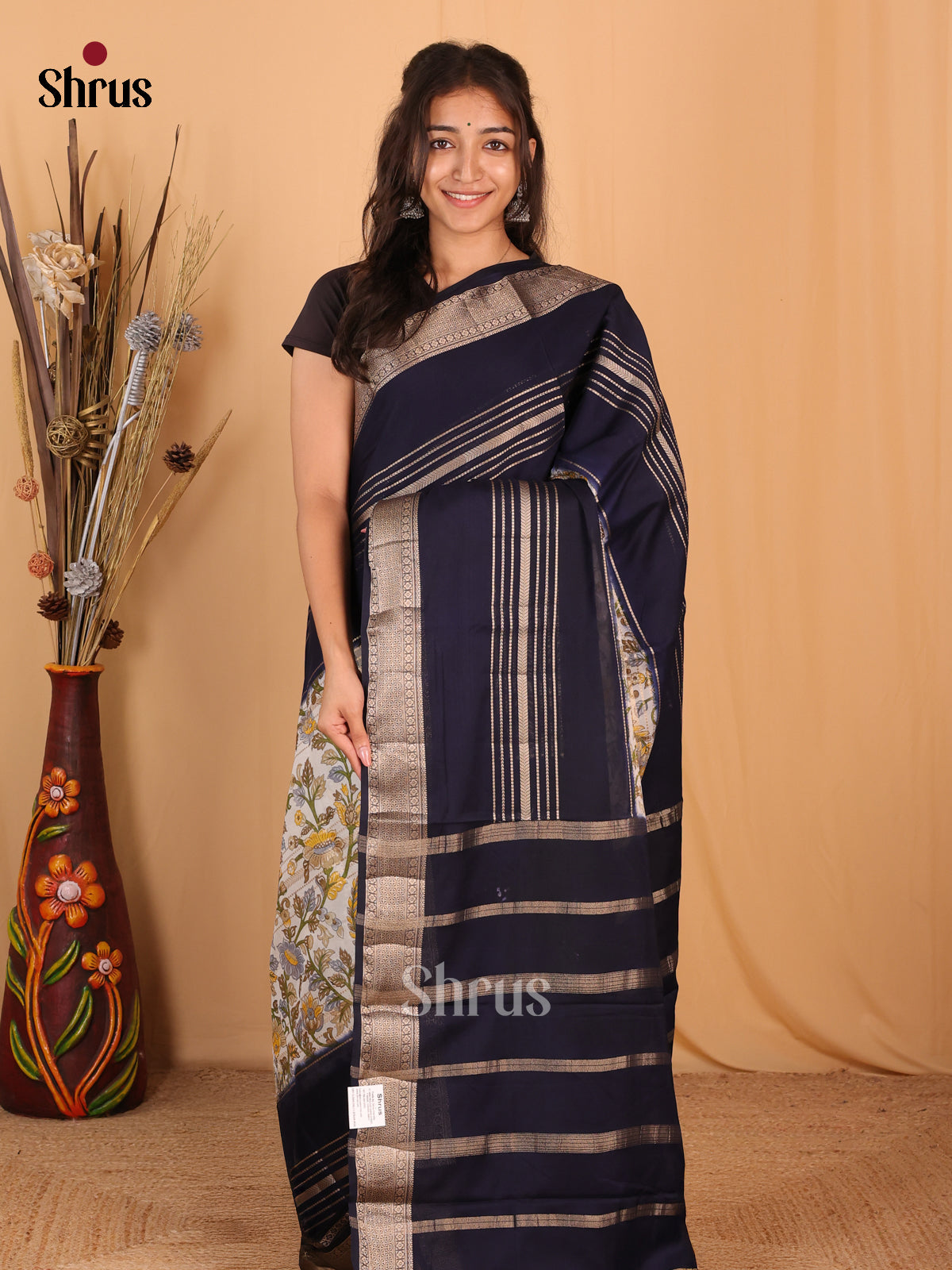 Cream &Navy Blue - Semi Mysoresilk Saree - Shop on Shrus.com