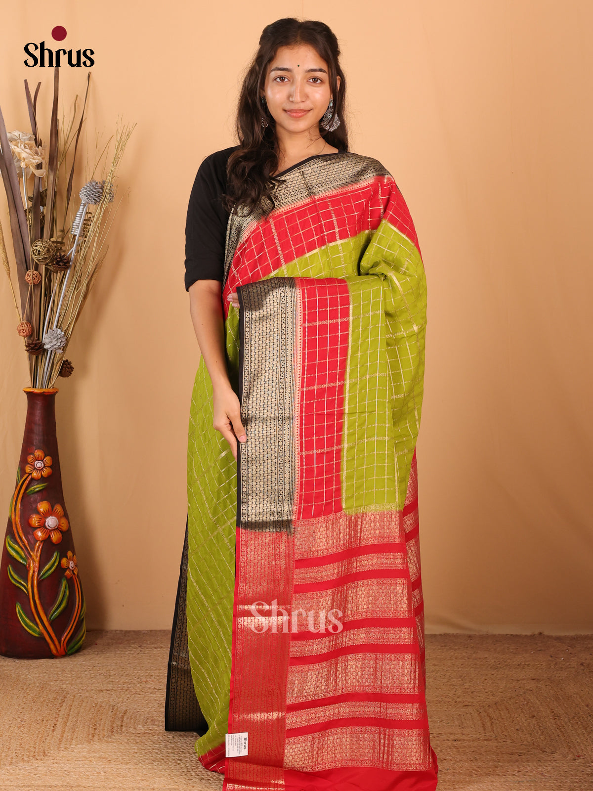 Green & Red - Mysoresilk-halfpure Saree - Shop on Shrus.com