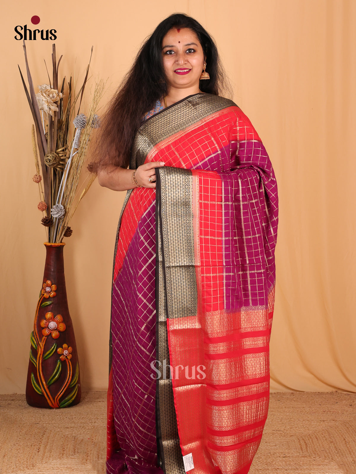 Purple & Red - Mysoresilk-halfpure Saree
