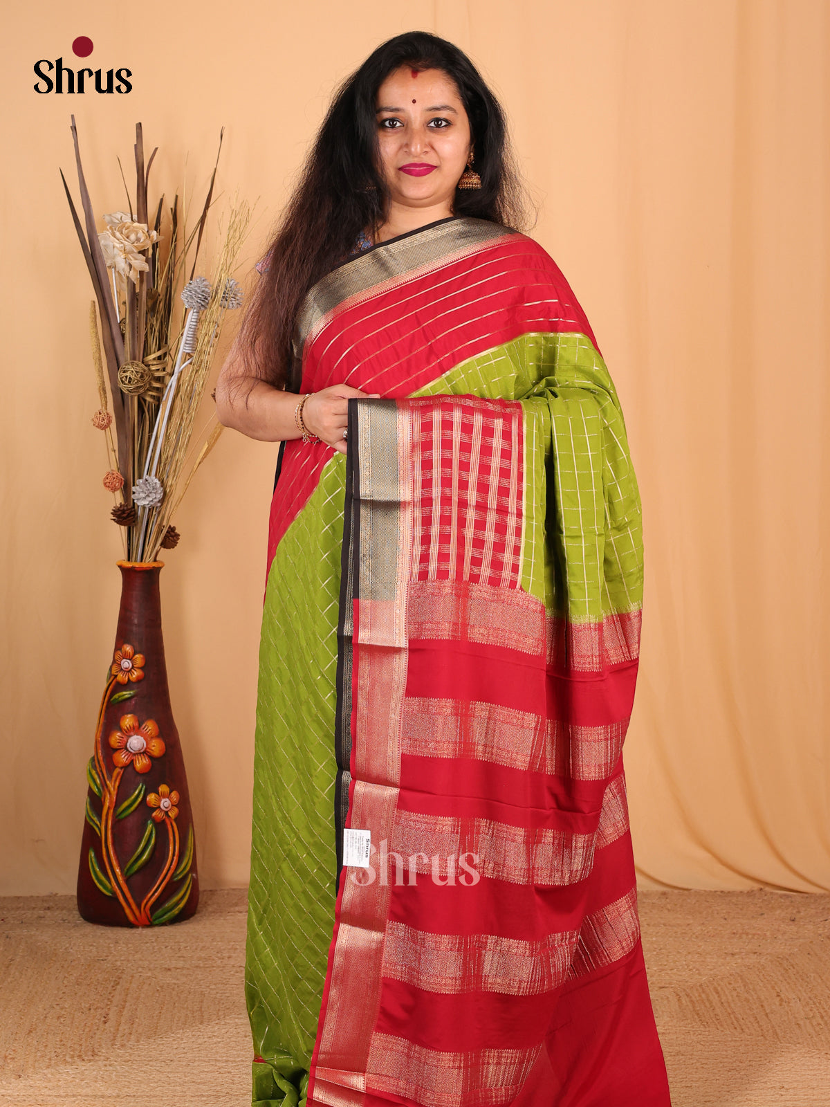 Green & Red - Mysoresilk-halfpure Saree