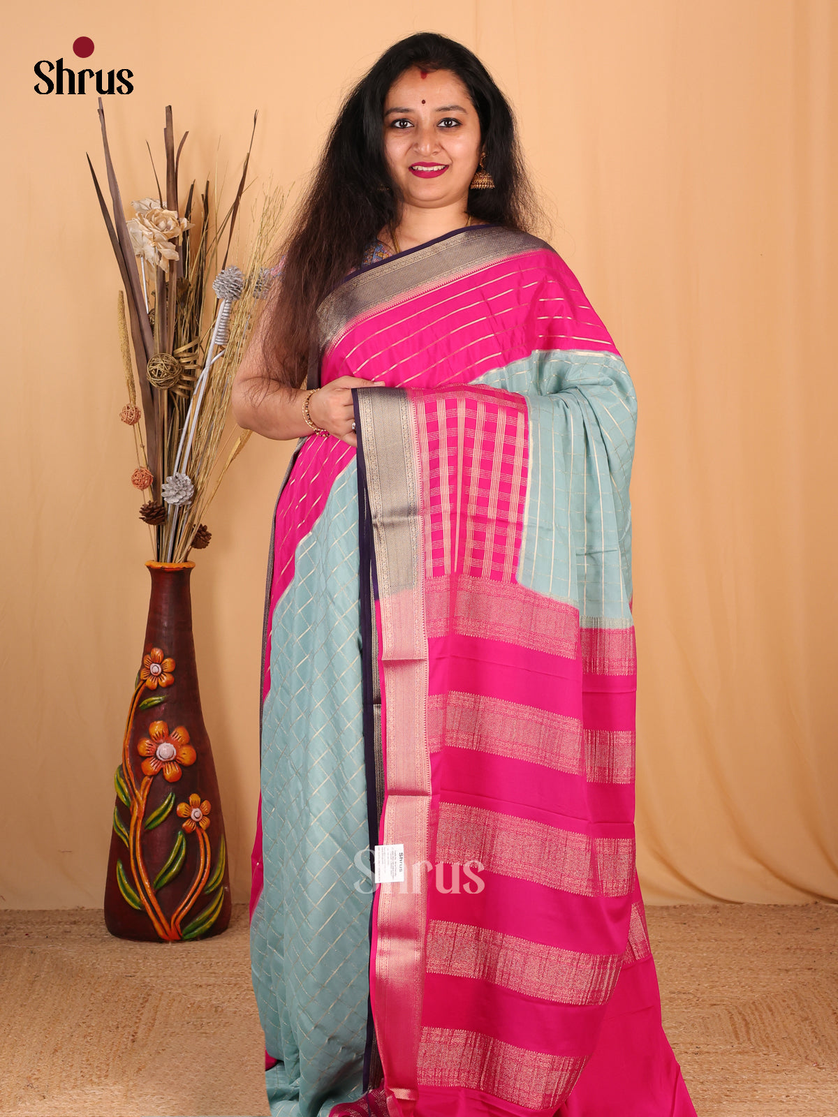 Pastel Blue & Pink - Mysoresilk-halfpure Saree - Shop on Shrus.com
