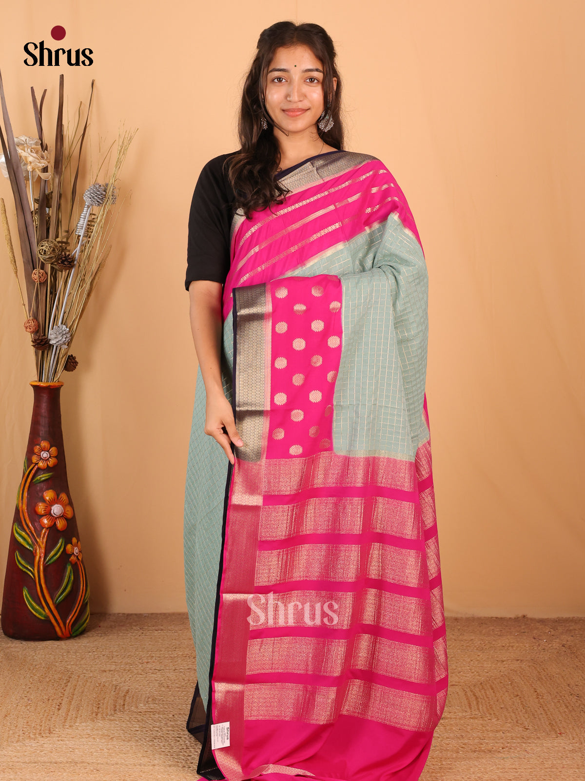 Pastel Green & Pink - Mysoresilk-halfpure Saree - Shop on Shrus.com