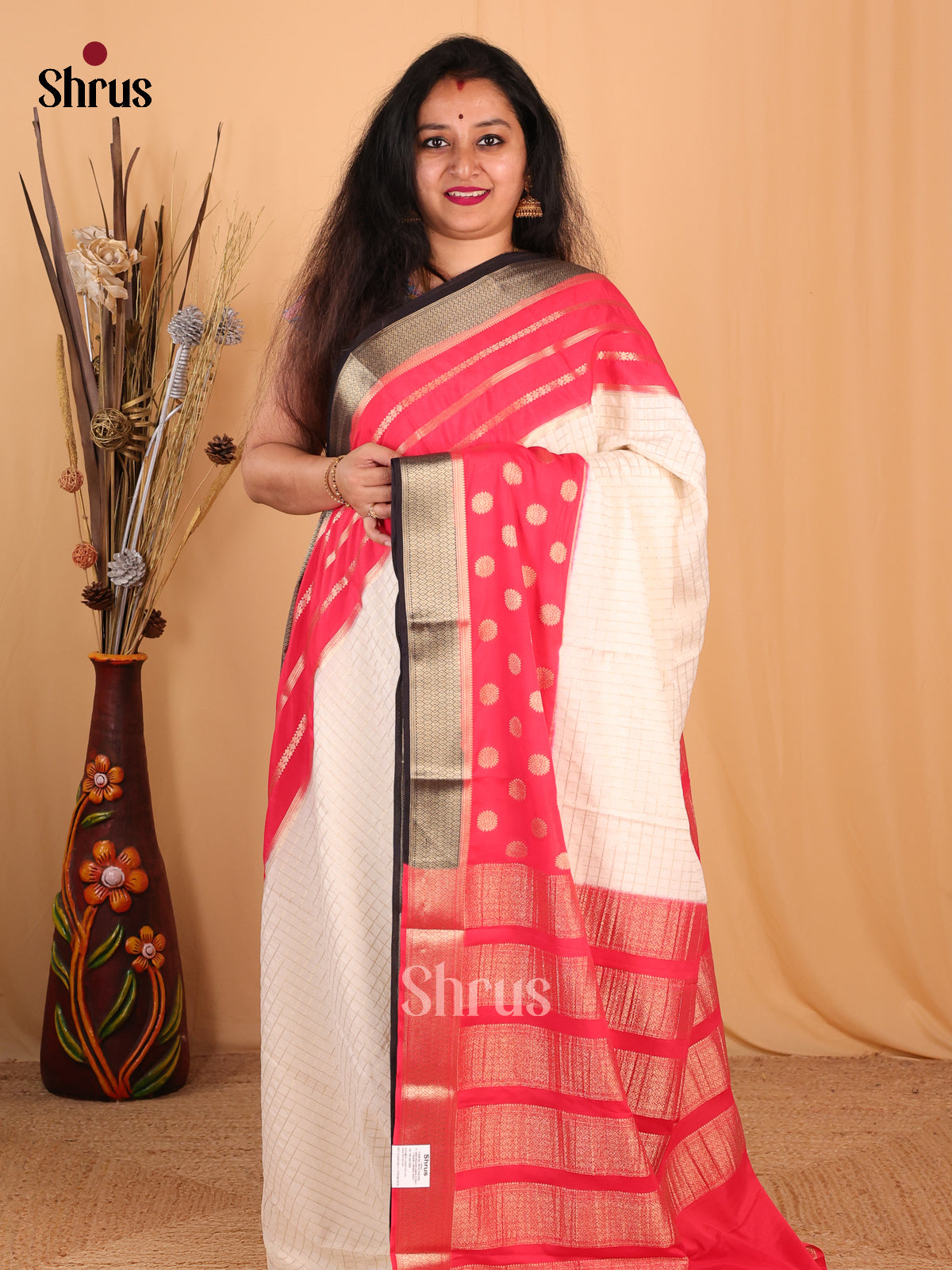 Cream & Red - Mysoresilk-halfpure Saree - Shop on Shrus.com