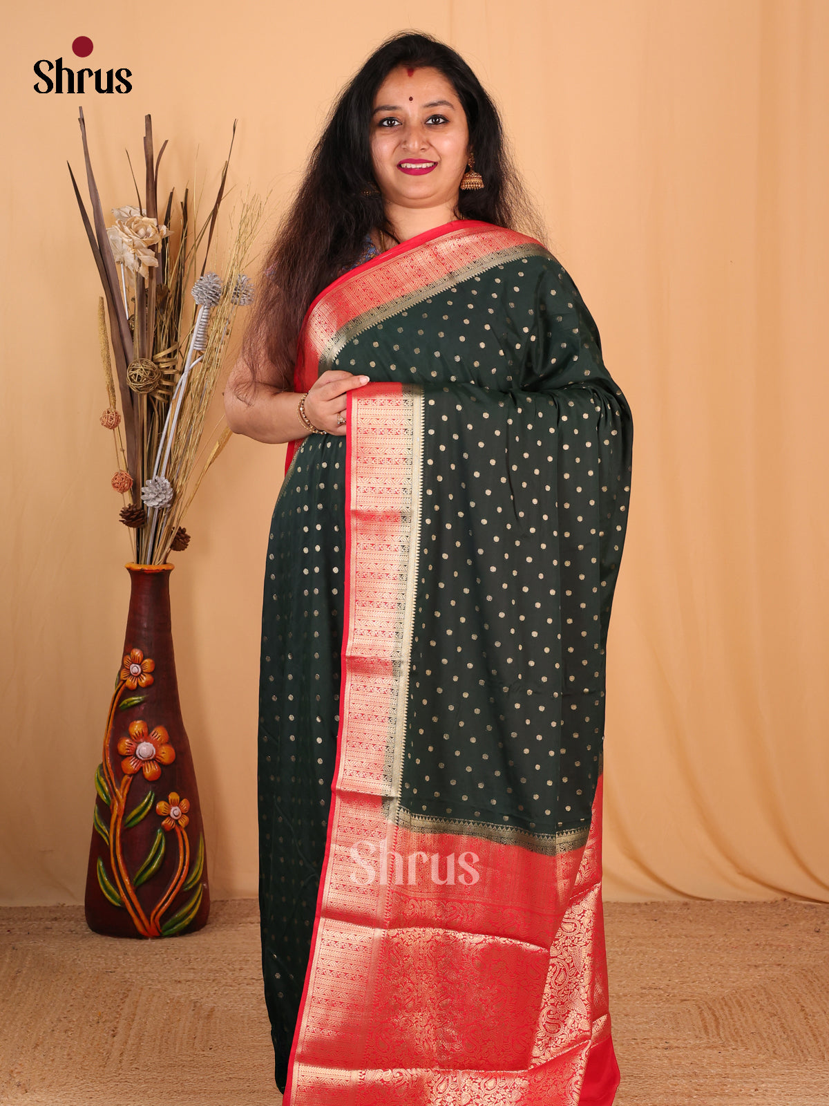 Green & Red- Mysoresilk-halfpure Saree - Shop on Shrus.com