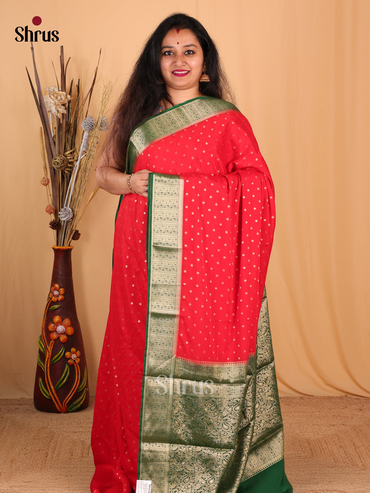 Red & Green- Mysoresilk-halfpure Saree - Shop on Shrus.com