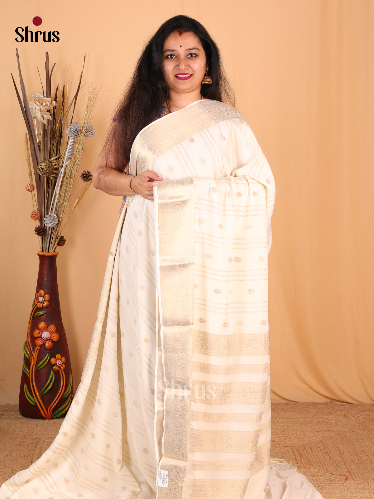 Cream(Single Tone) - Mysoresilk-halfpure Saree - Shop on Shrus.com