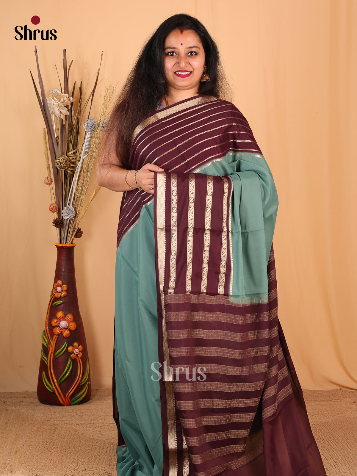 Pastel Green & Brown- Mysoresilk-halfpure Saree - Shop on Shrus.com