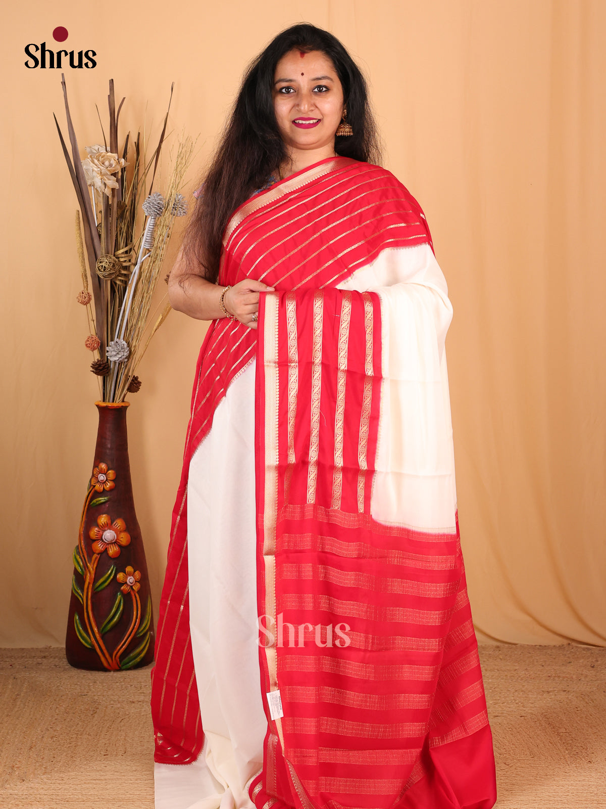 Cream & Red - Mysoresilk-halfpure Saree - Shop on Shrus.com