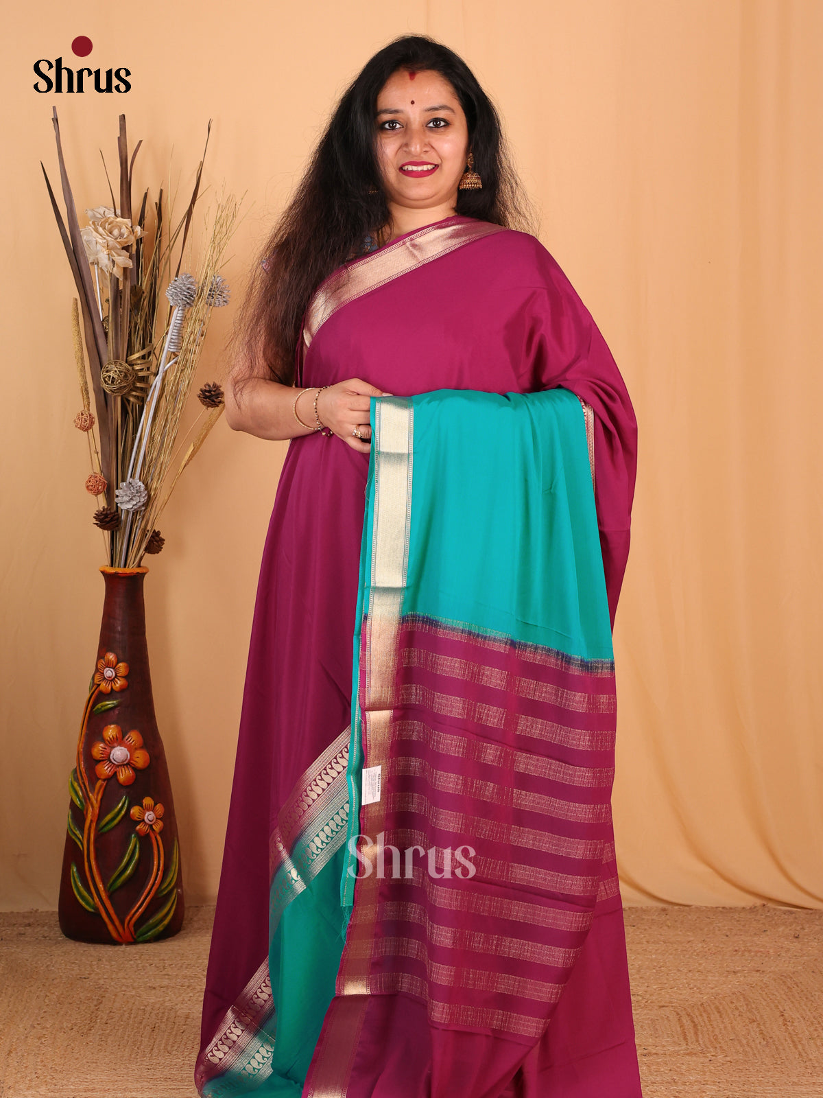 Purple & Teal - Mysoresilk-halfpure Saree - Shop on Shrus.com