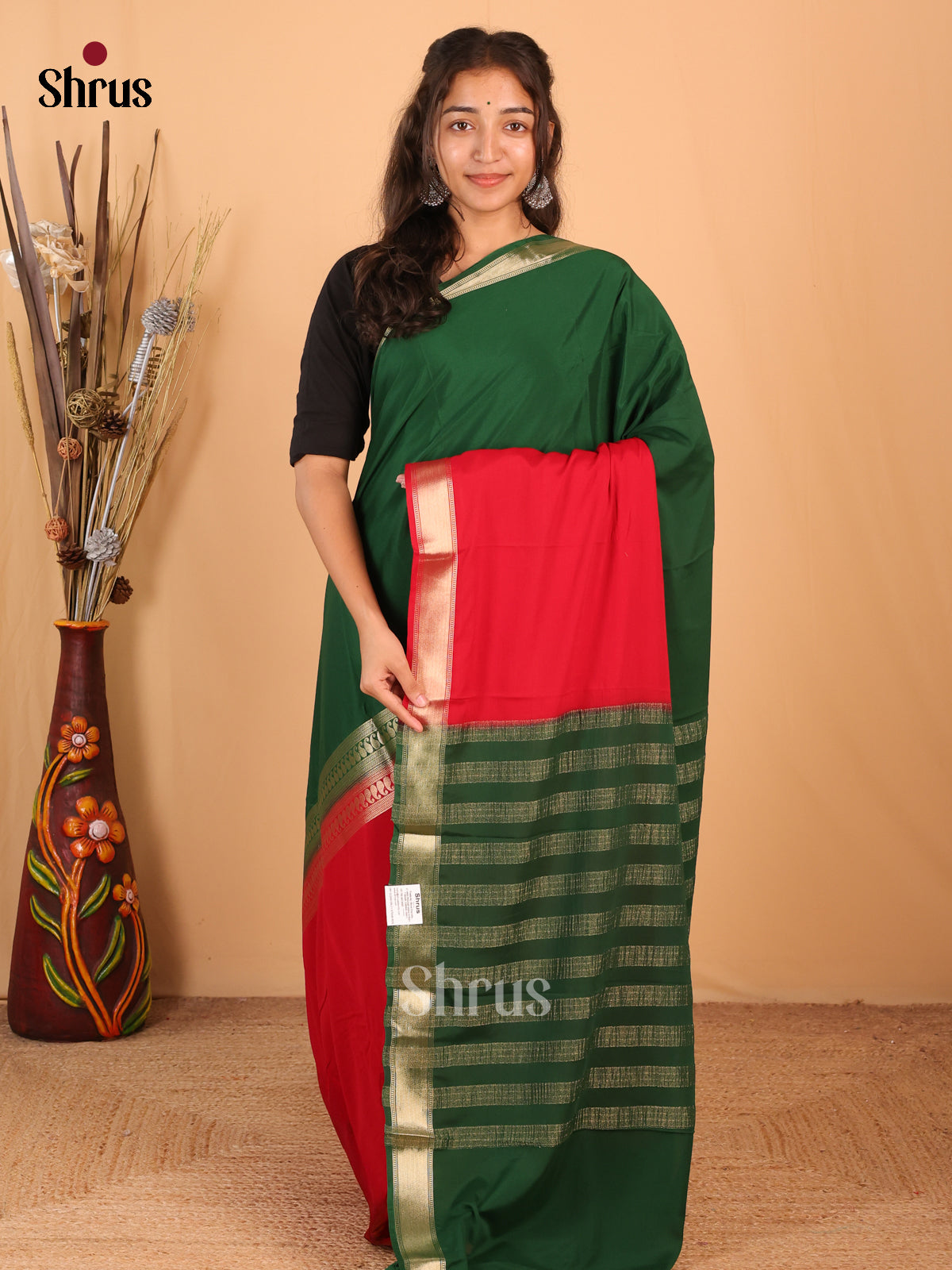 Green & Red - Mysoresilk-halfpure Saree - Shop on Shrus.com