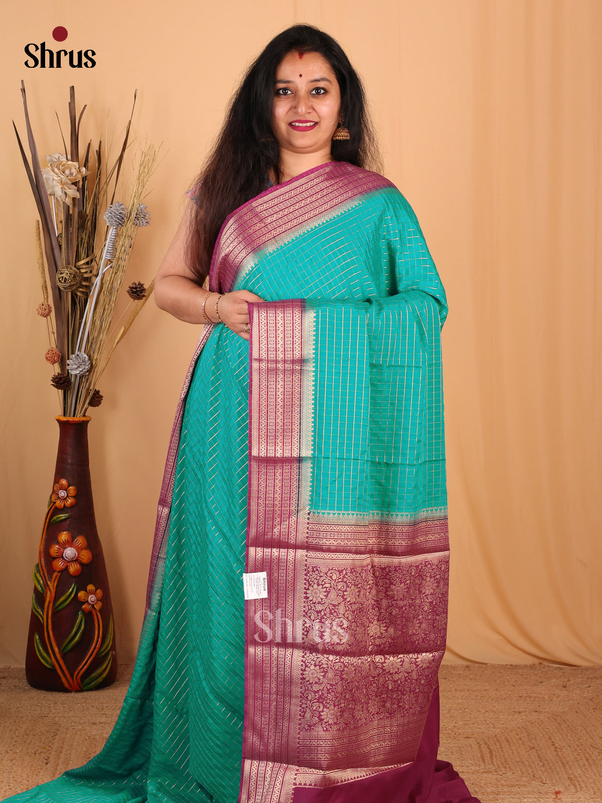 Teal & Wine- Mysoresilk-halfpure Saree - Shop on Shrus.com