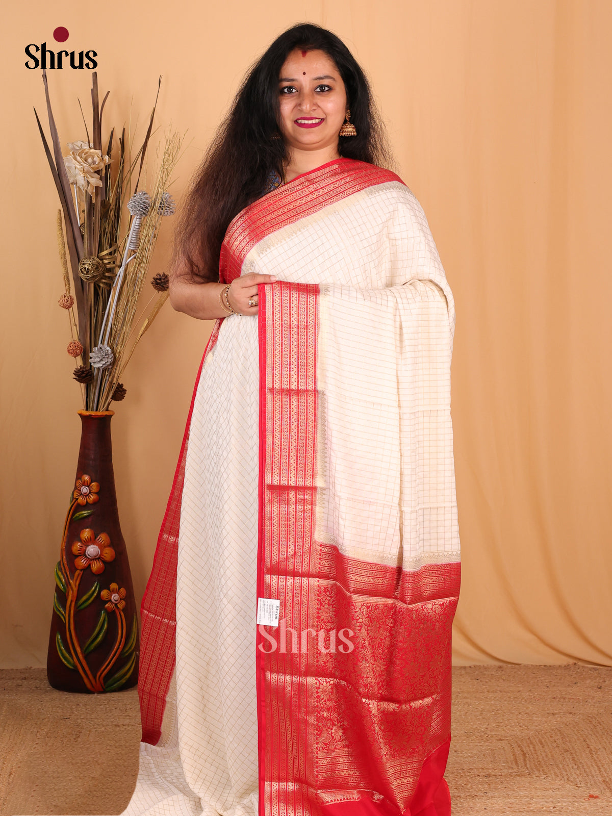 Cream & Red - Mysoresilk-halfpure Saree - Shop on Shrus.com