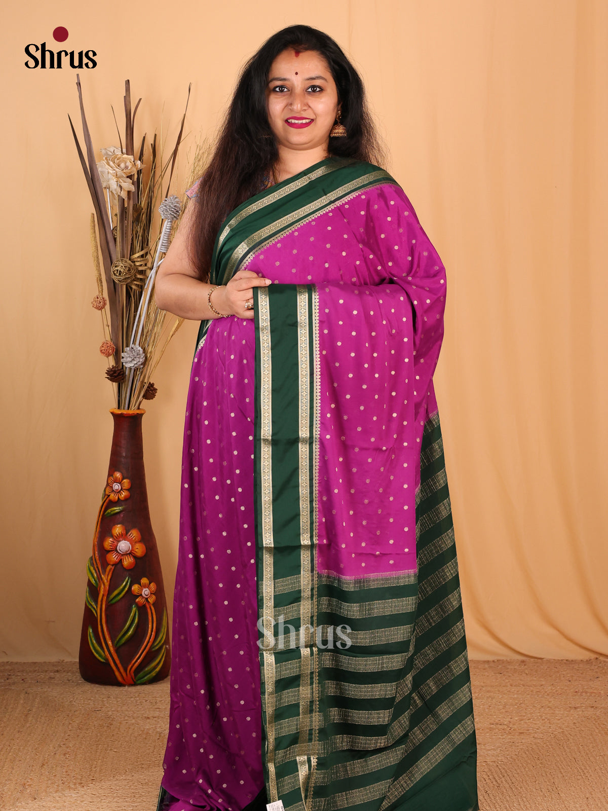 Majenta & Green- Mysoresilk-halfpure Saree - Shop on Shrus.com