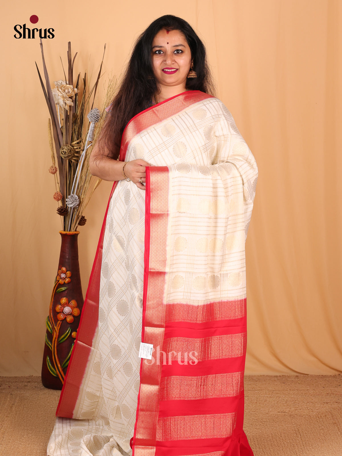 Cream & Red - Mysoresilk-halfpure Saree - Shop on Shrus.com