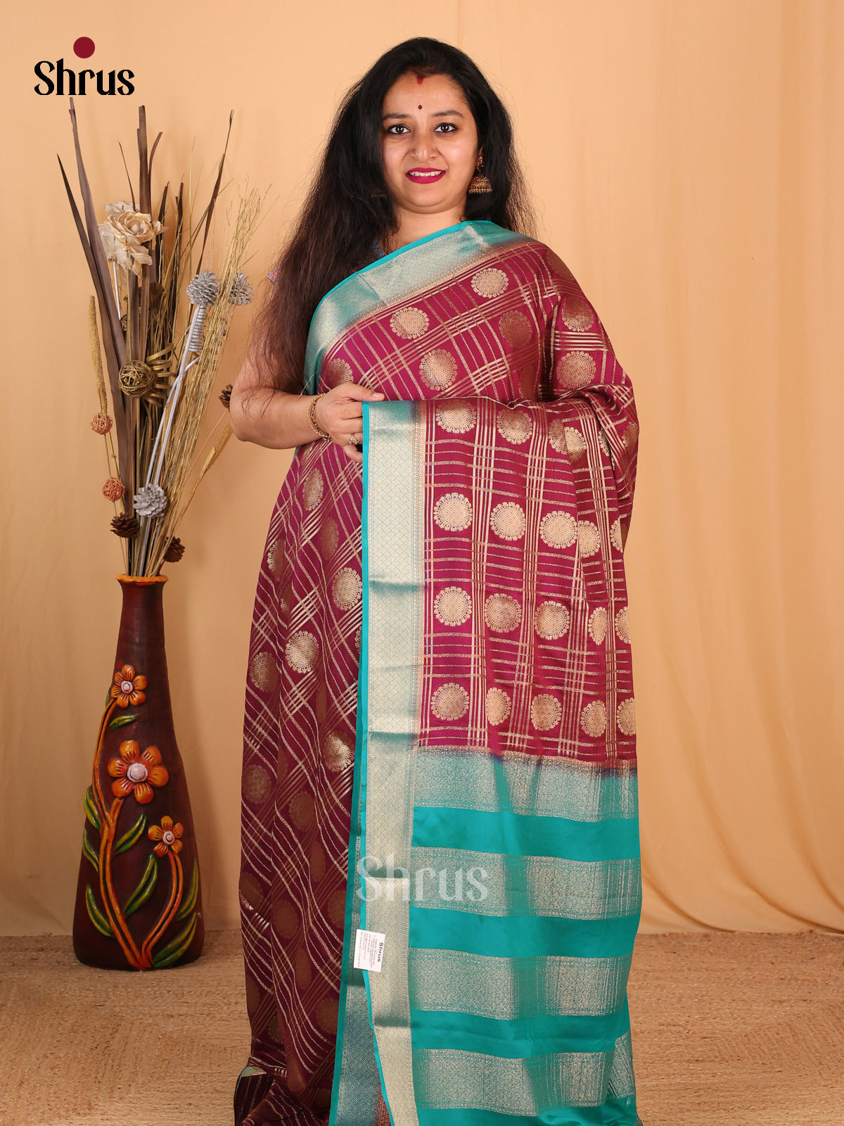 Maroon & Teal- Mysoresilk-halfpure Saree - Shop on Shrus.com