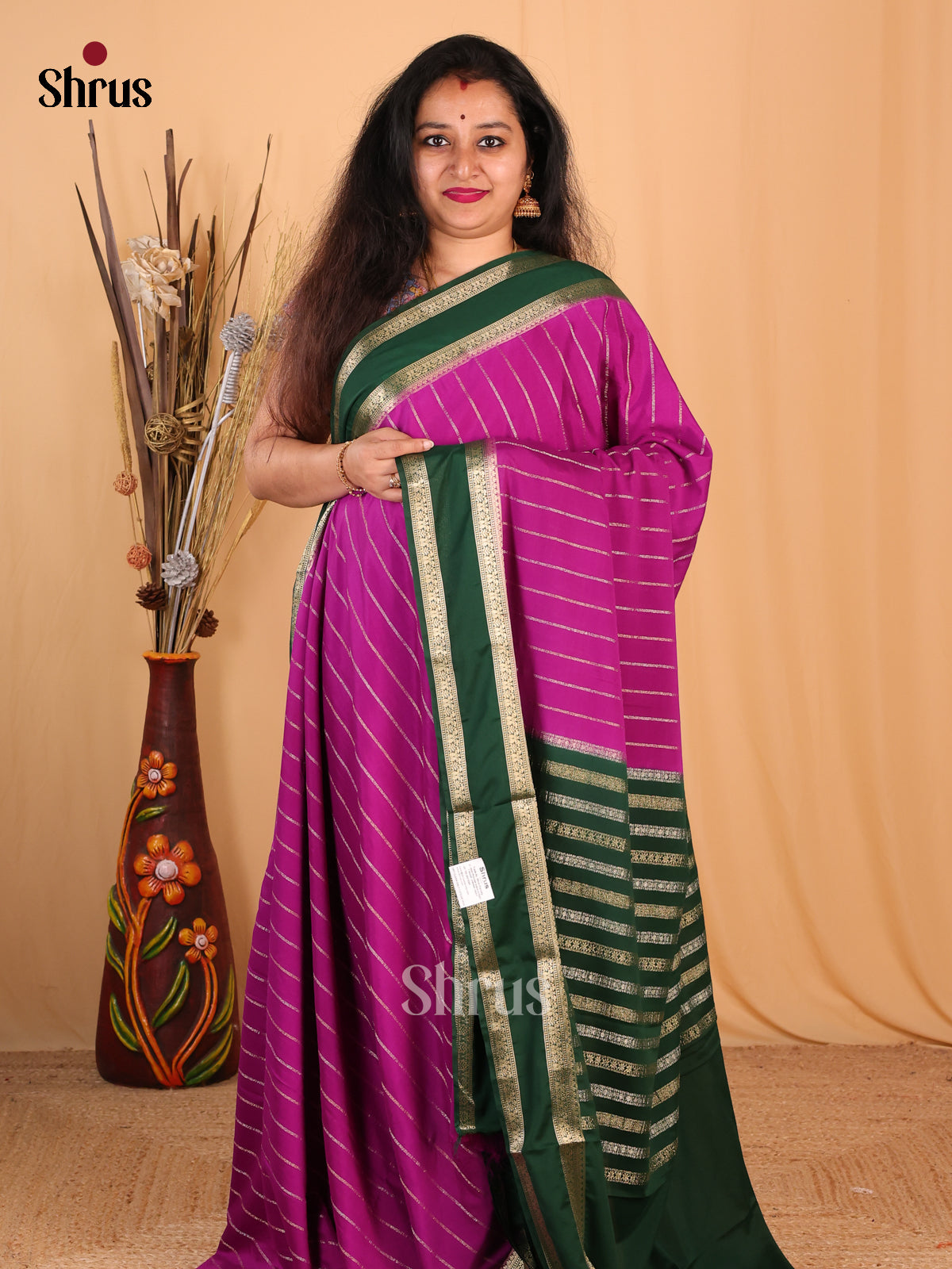 Majenta & Green- Mysoresilk-halfpure Saree - Shop on Shrus.com
