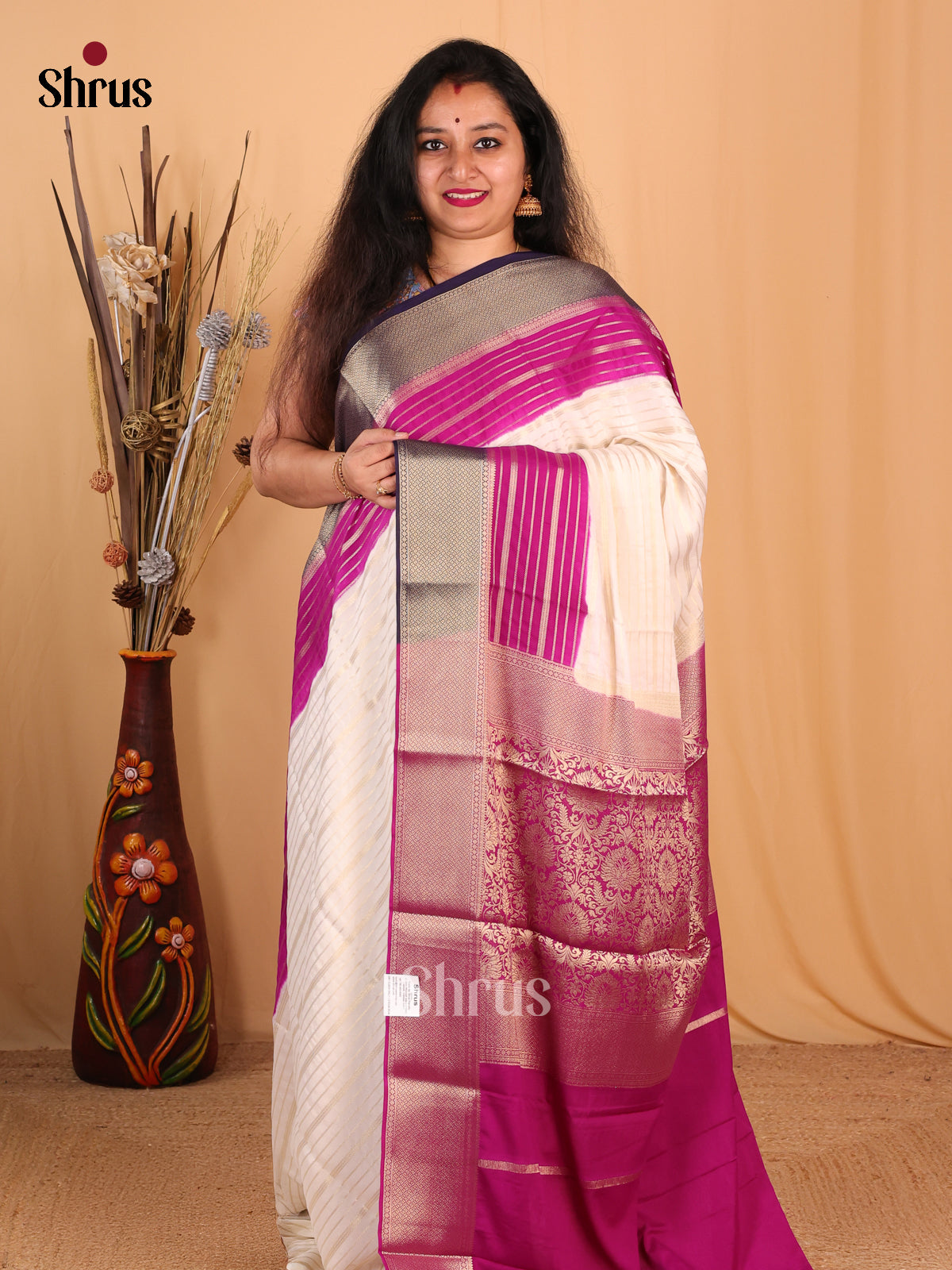 Cream & Purple- Mysoresilk-halfpure Saree - Shop on Shrus.com