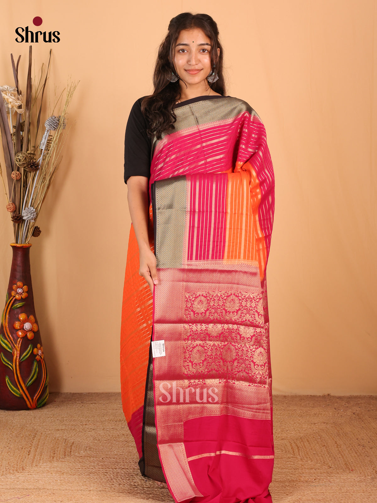 Orange & Red- Mysoresilk-halfpure Saree - Shop on Shrus.com