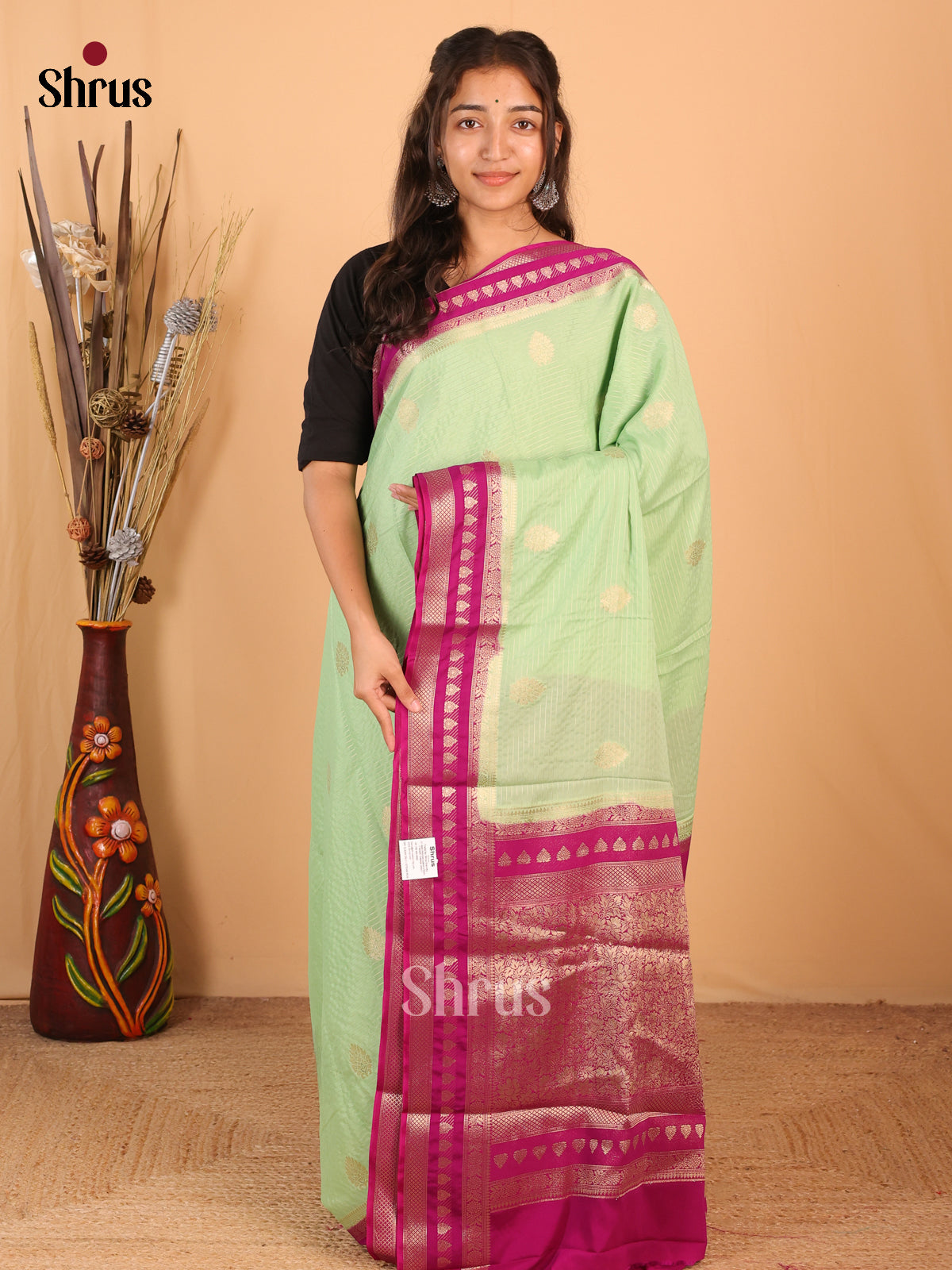 Pista Green & Majenta - Mysoresilk-halfpure Saree - Shop on Shrus.com
