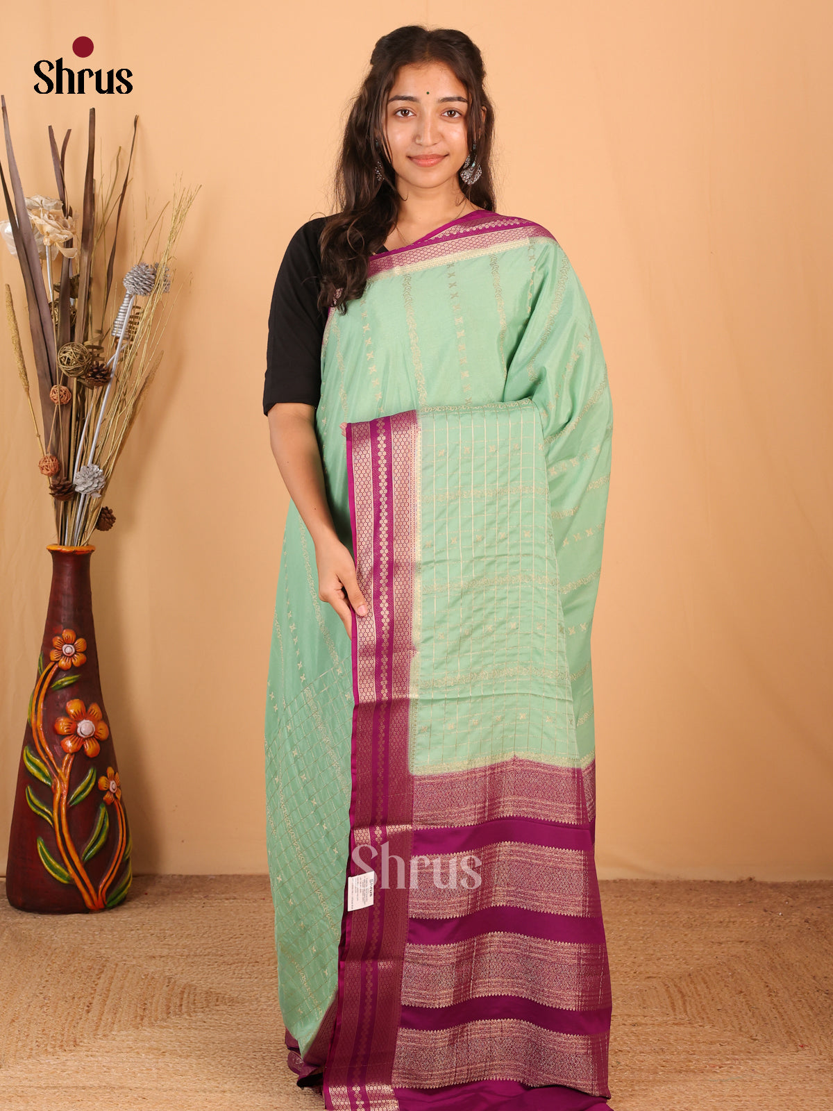 Pastel Green & Purple- Mysoresilk-halfpure Saree - Shop on Shrus.com
