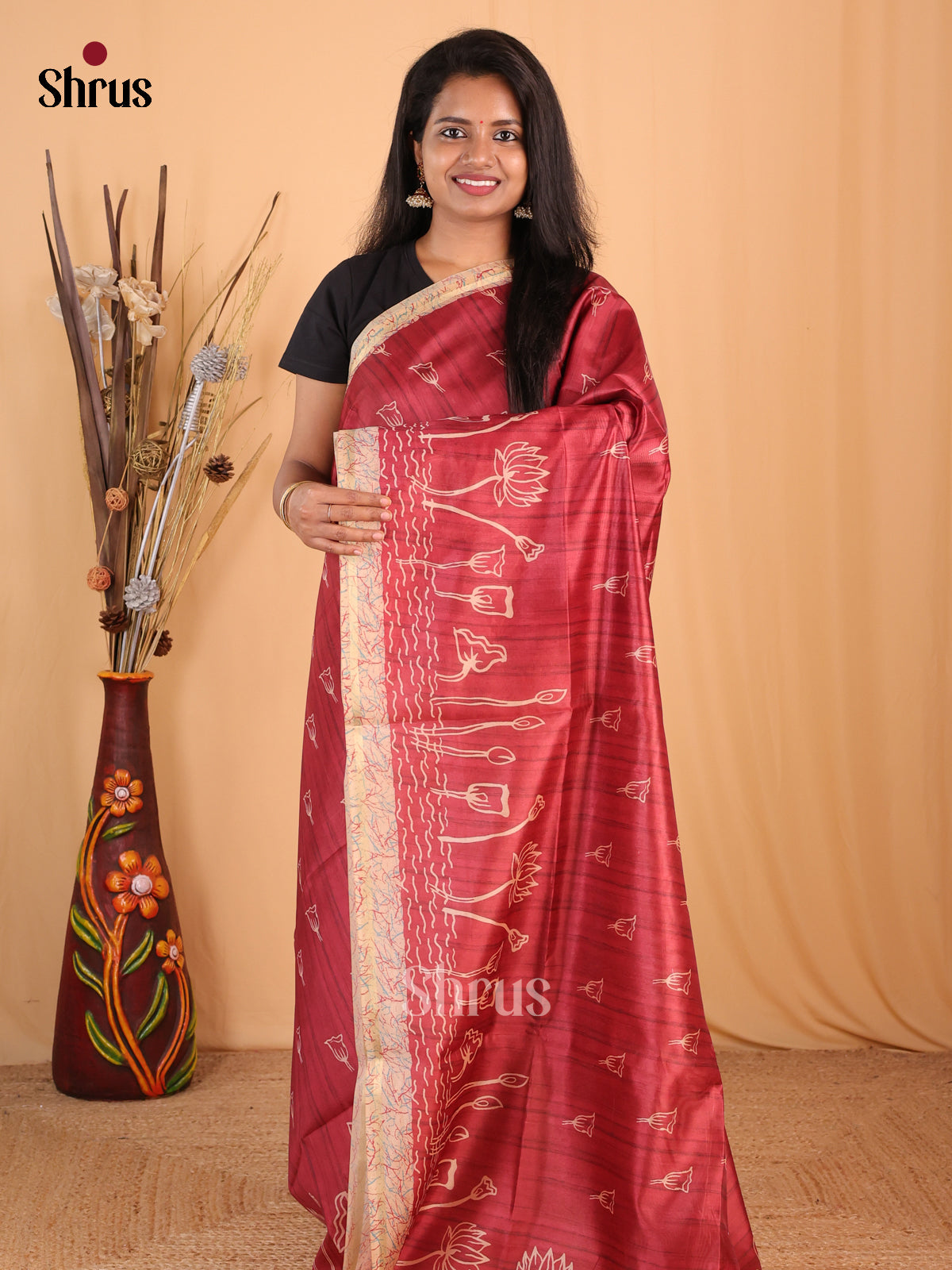 Red & Cream - Champa semitussar Saree - Shop on Shrus.com
