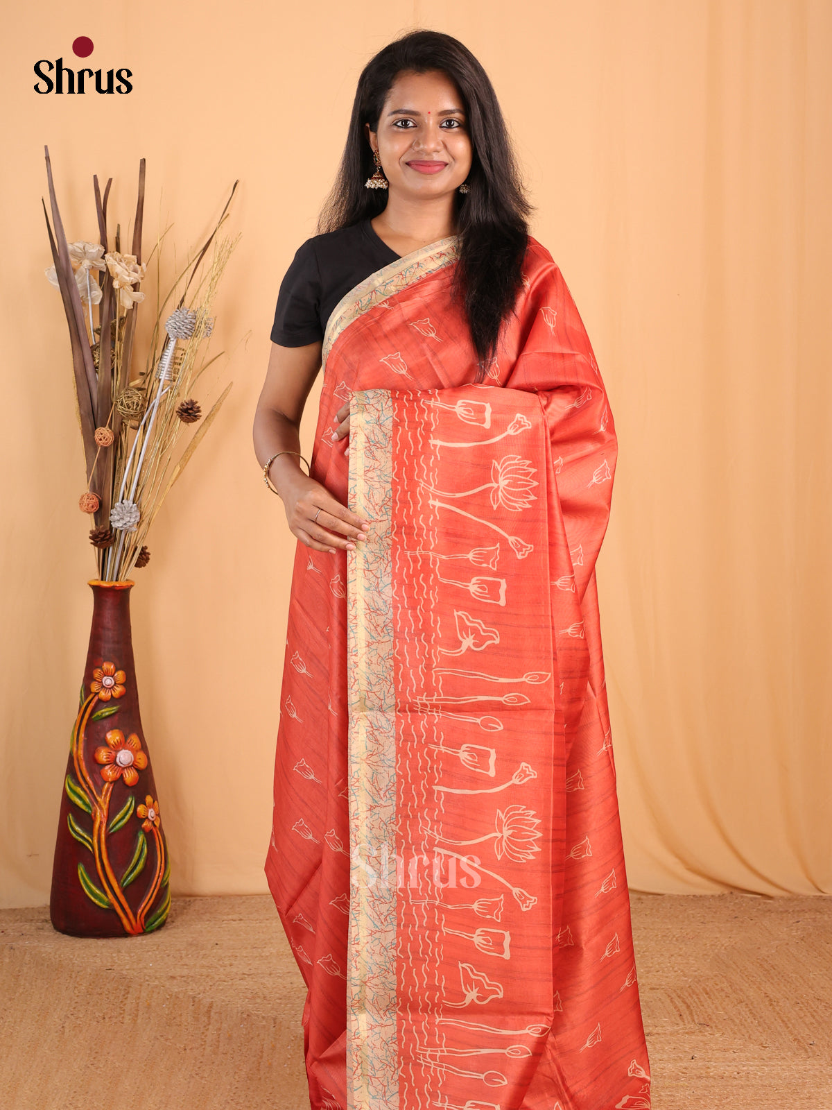 Red & Cream- Champa semitussar Saree - Shop on Shrus.com