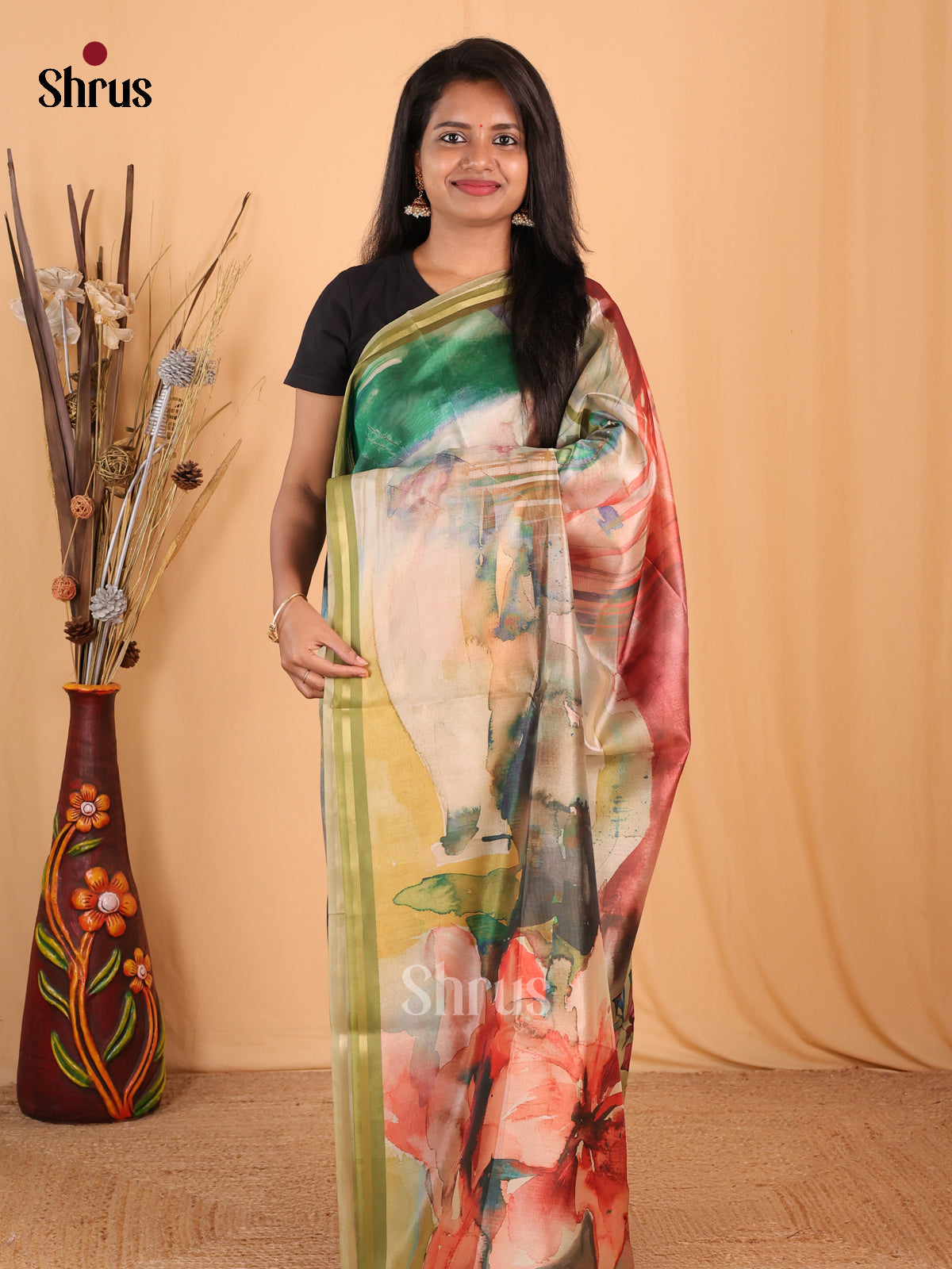 Multicolor & Green - Champa semitussar Saree - Shop on Shrus.com