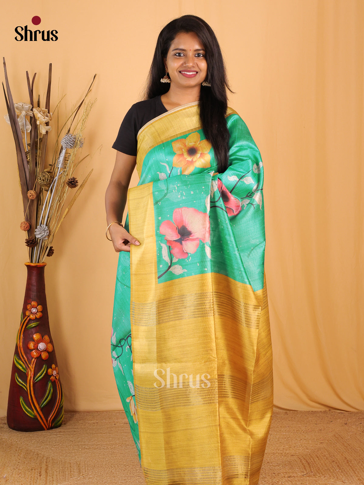 Green & Mustard - Champa semitussar Saree - Shop on Shrus.com