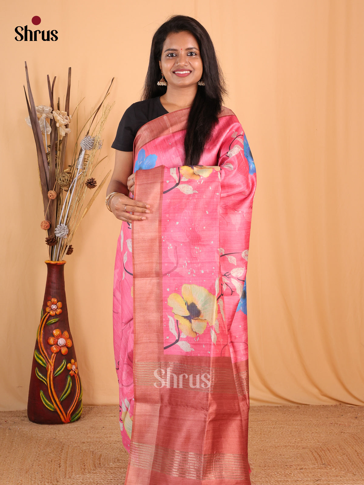 Pink & Brown - Champa semitussar Saree - Shop on Shrus.com
