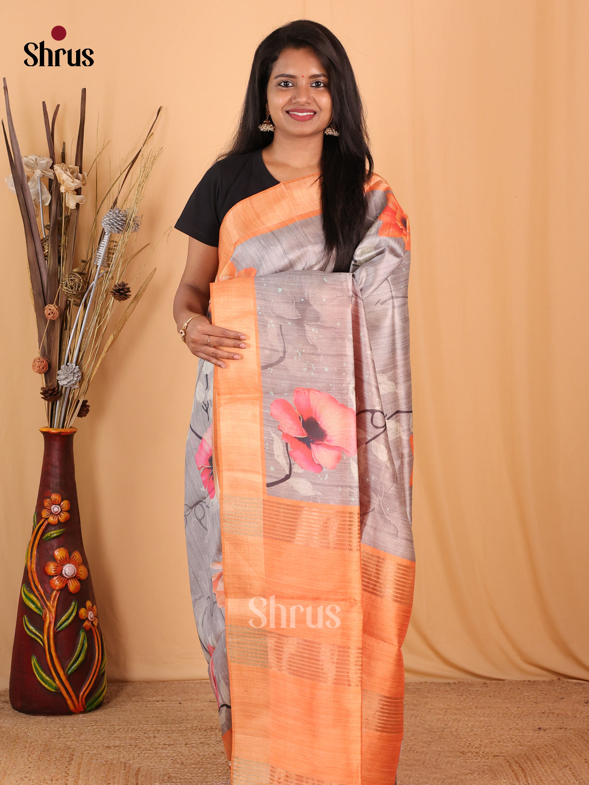 Grey & Orange - Champa semitussar Saree - Shop on Shrus.com