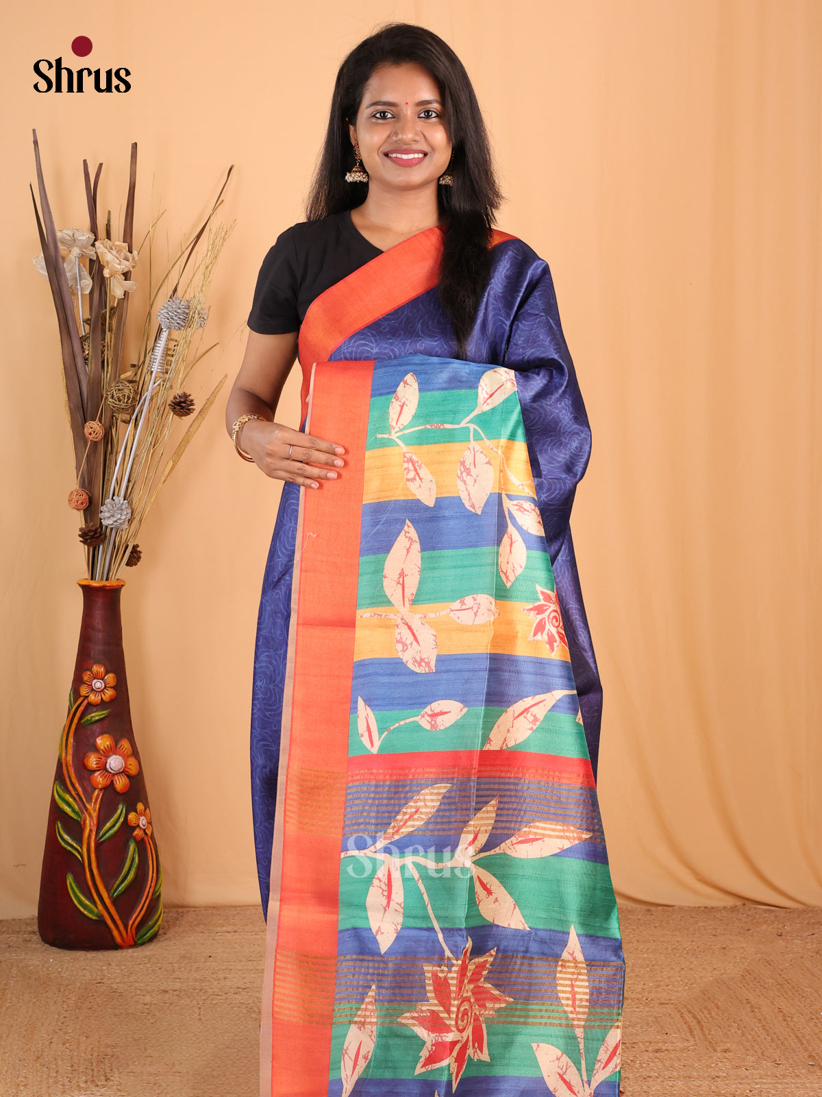 Blue & Orange - Champa semitussar Saree - Shop on Shrus.com