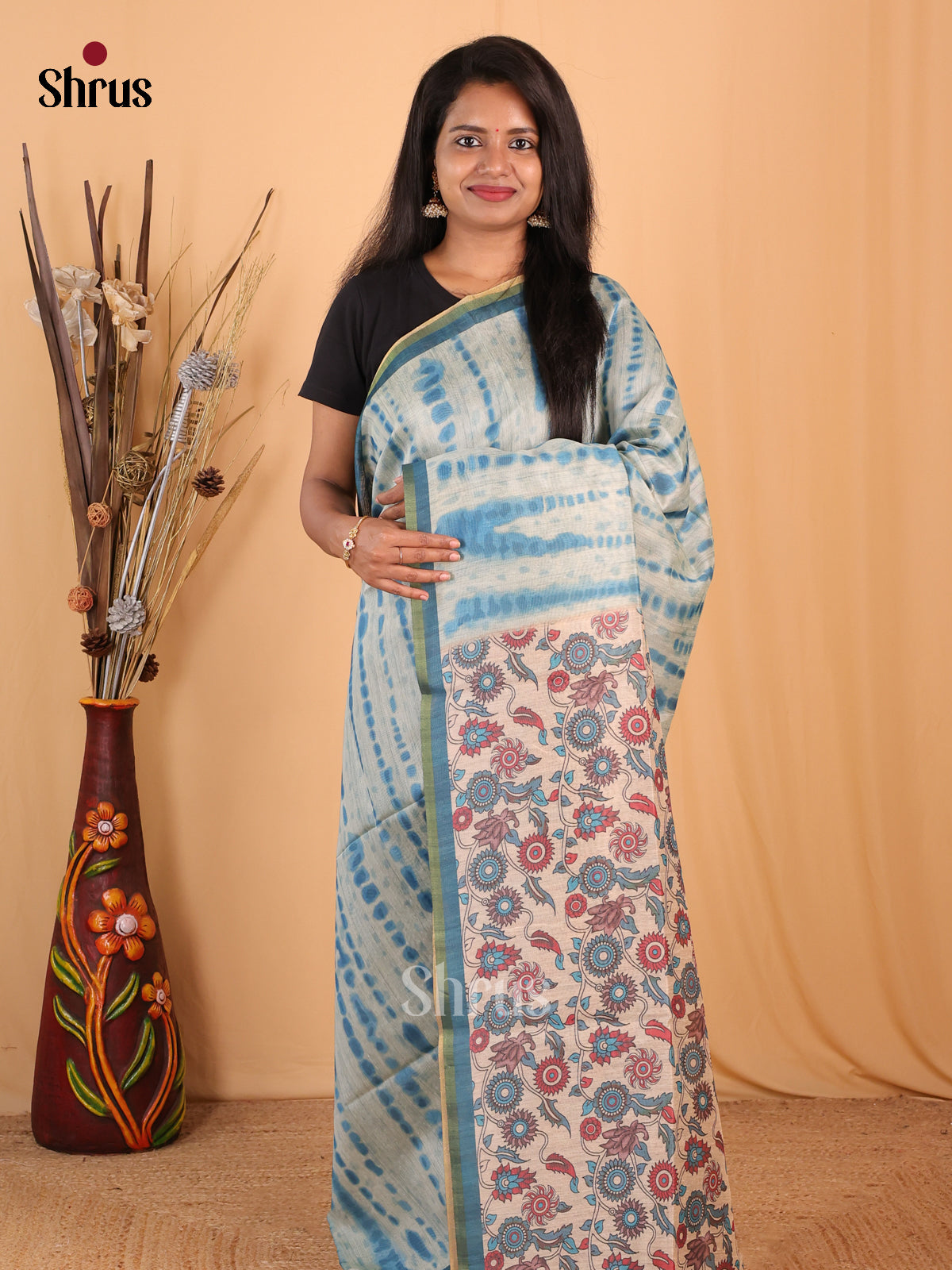 Blue & Cream - Champa semitussar Saree - Shop on Shrus.com