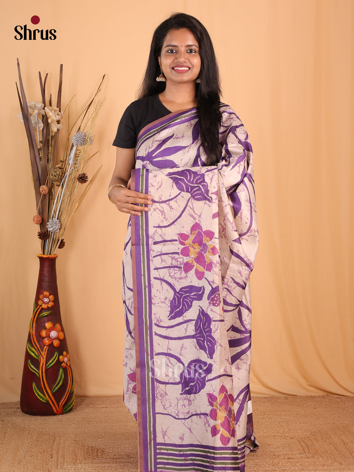 Cream & Purple - Champa semitussar Saree - Shop on Shrus.com