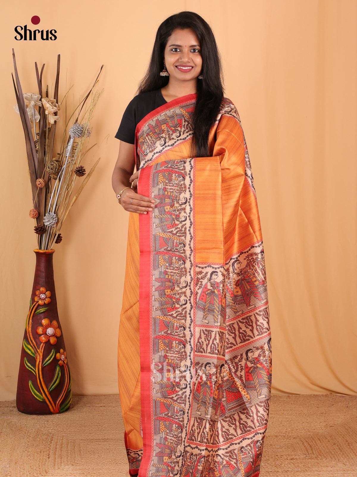 Orange & Red - Champa semitussar Saree - Shop on Shrus.com