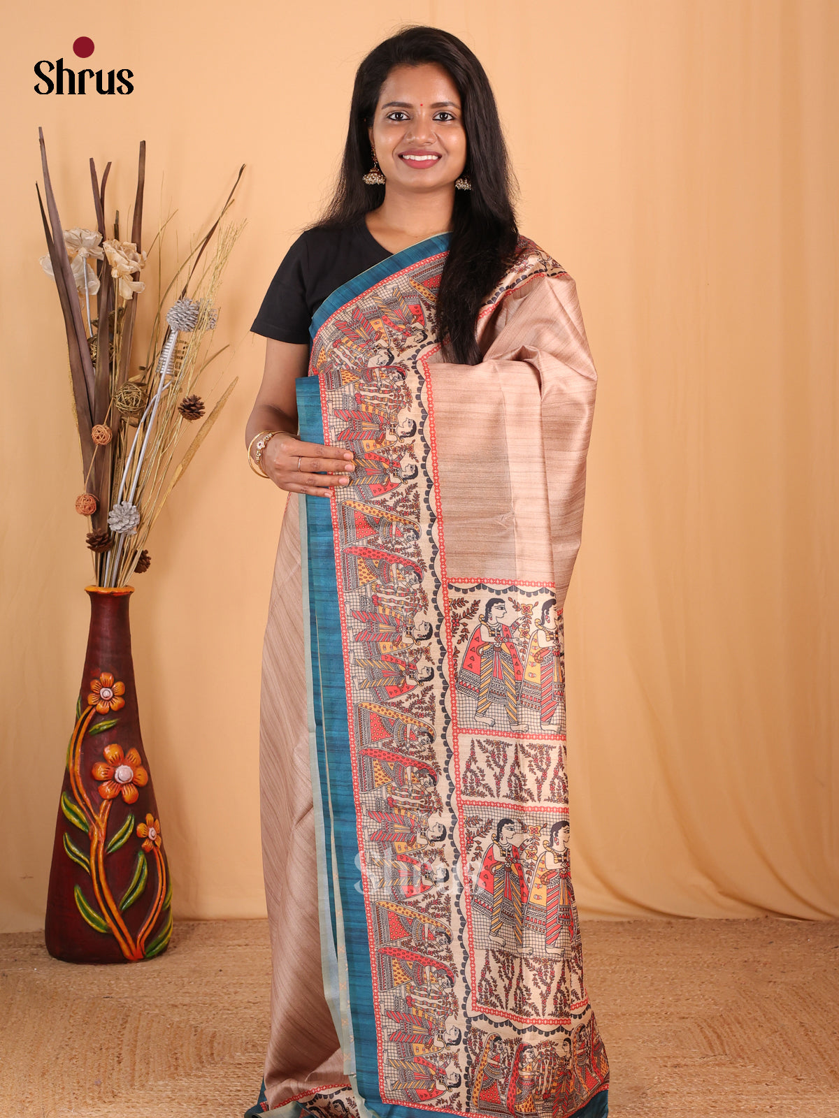 Lite Brown & Blue - Champa semitussar Saree - Shop on Shrus.com
