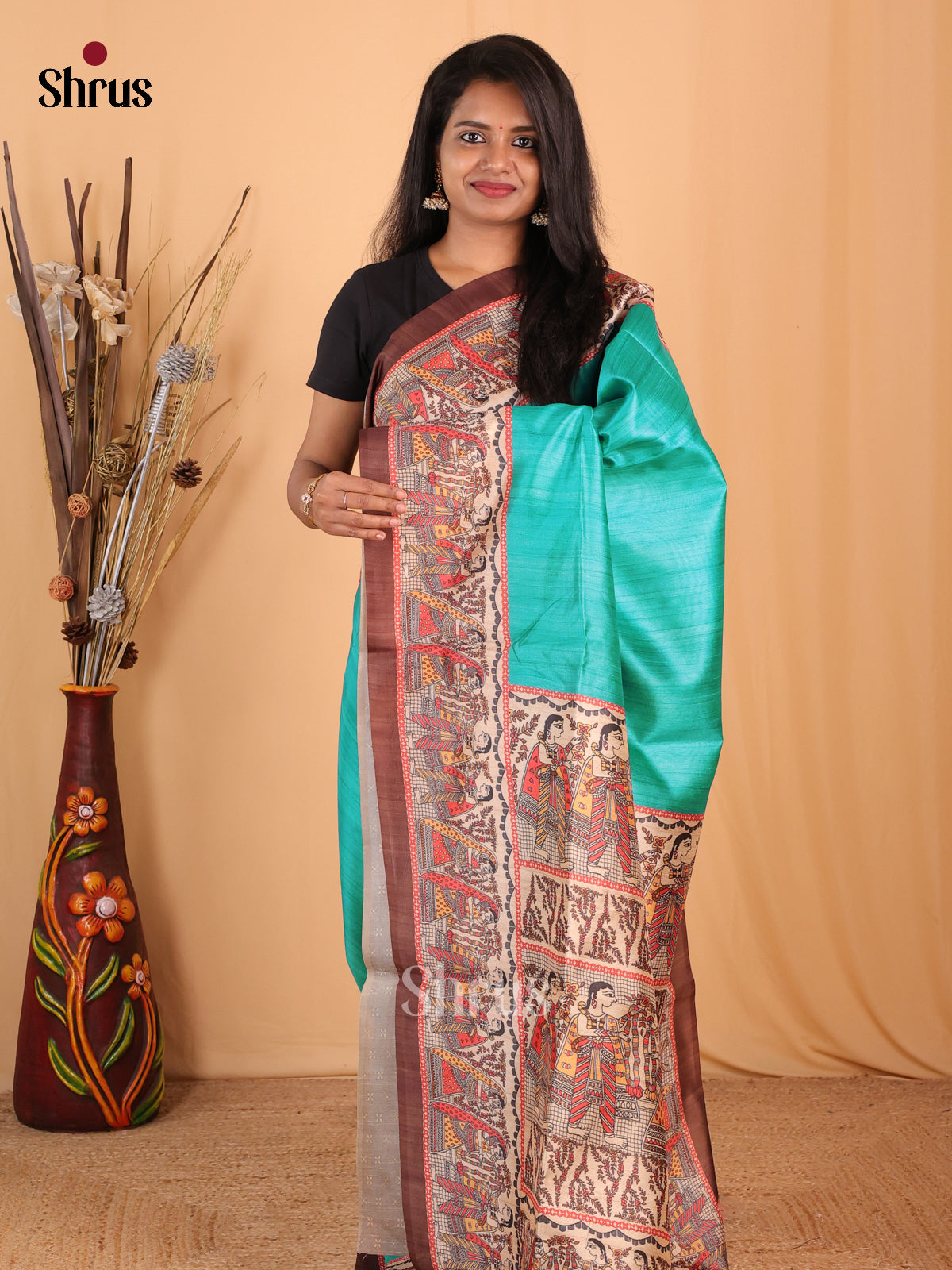 Teal & Brown - Champa semitussar Saree - Shop on Shrus.com
