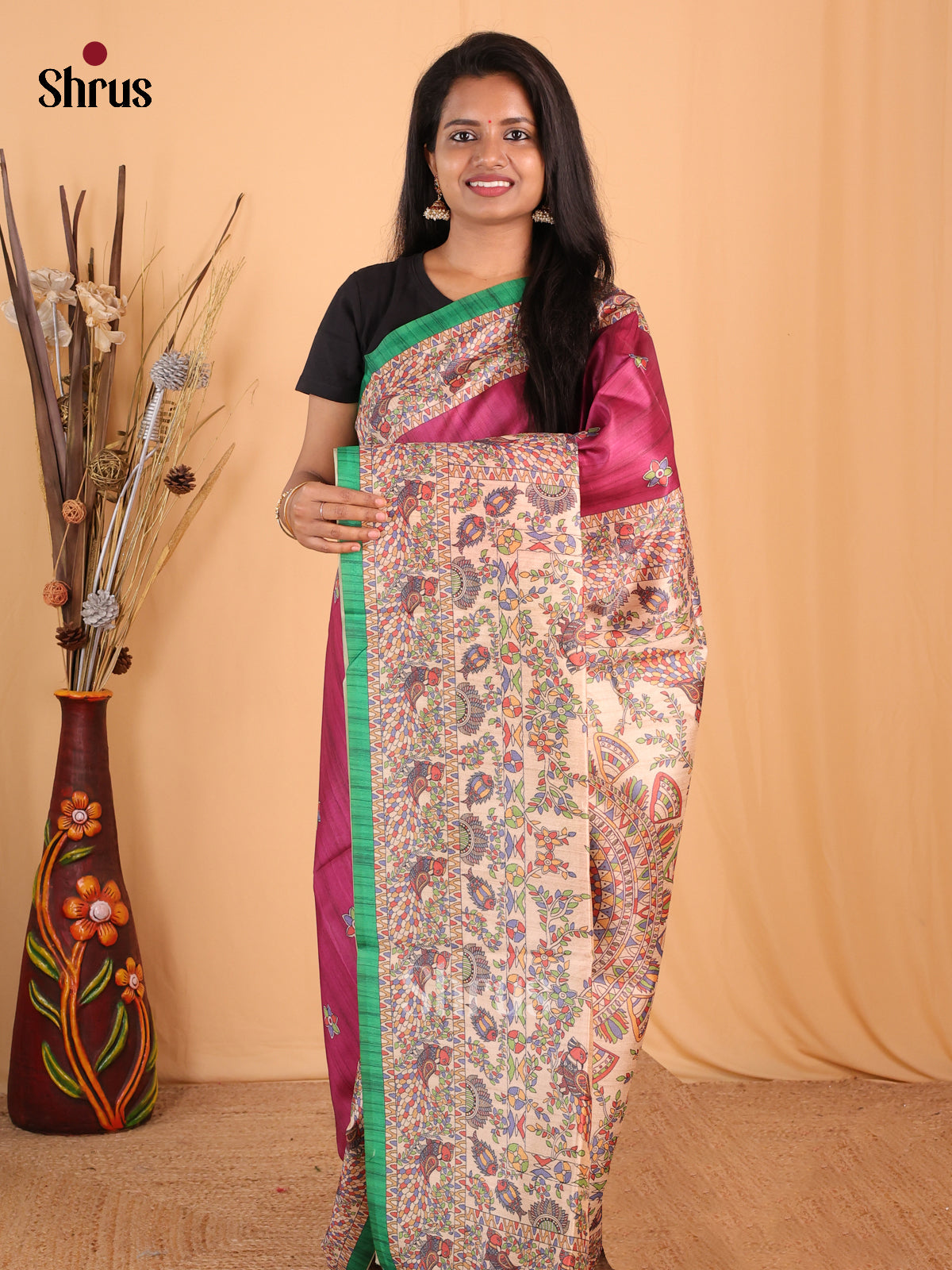 Wine & Green- Champa semitussar Saree - Shop on Shrus.com