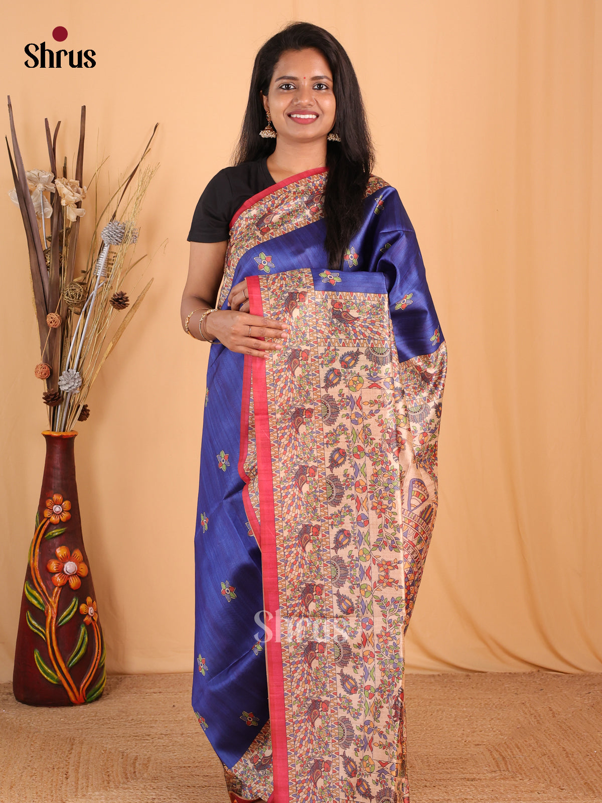 Blue & Red- Champa semitussar Saree - Shop on Shrus.com