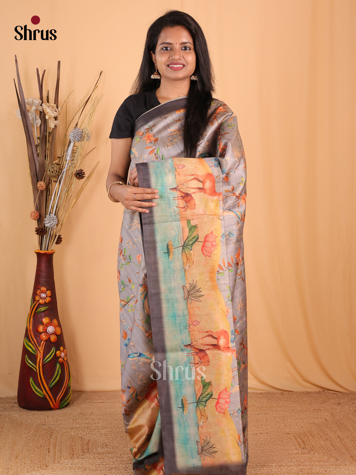 Grey & Orange - Champa semitussar Saree - Shop on Shrus.com