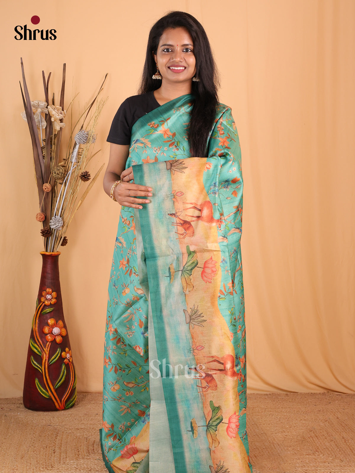 Green & Orange - Champa semitussar Saree - Shop on Shrus.com