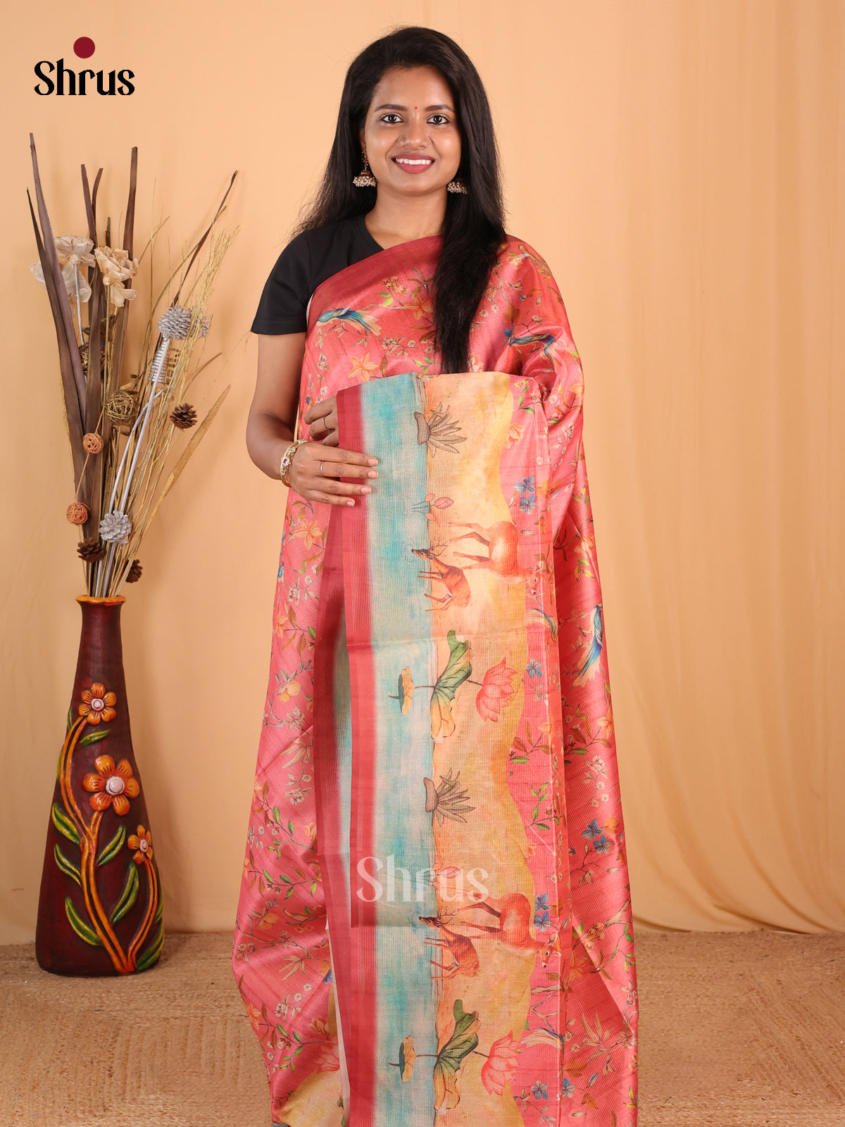 Red & Orange- Champa semitussar Saree - Shop on Shrus.com