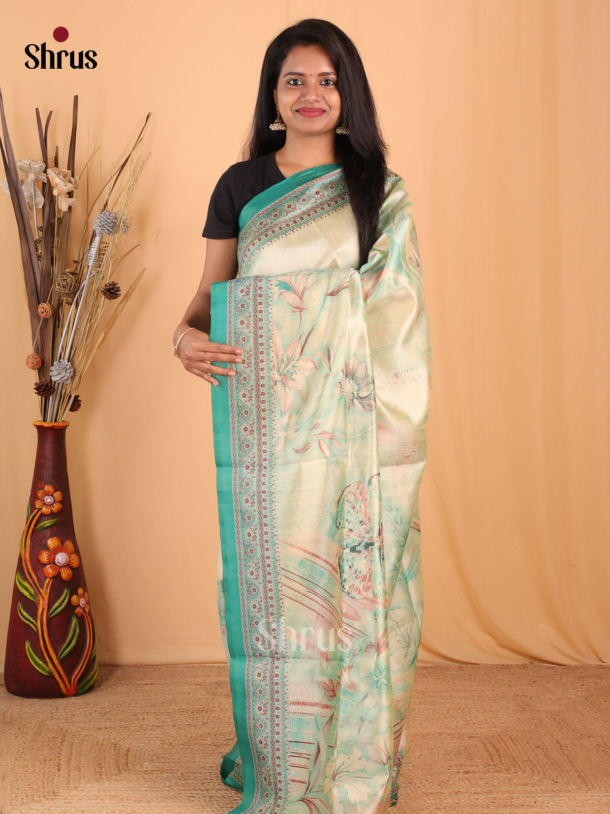 Cream & Green - Champa semitussar Saree - Shop on Shrus.com